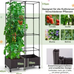 Rankhilfe mit Blumenkasten auf Rollen Höhenverstellbarer Garten Obelisk 40 x 40 x 170 cm