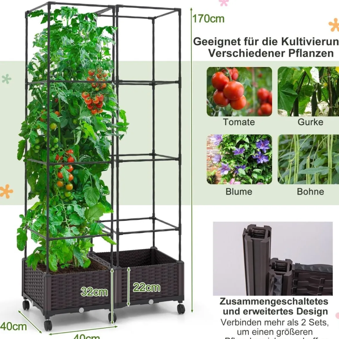 Rankhilfe mit Blumenkasten auf Rollen Höhenverstellbarer Garten Obelisk 40 x 40 x 170 cm