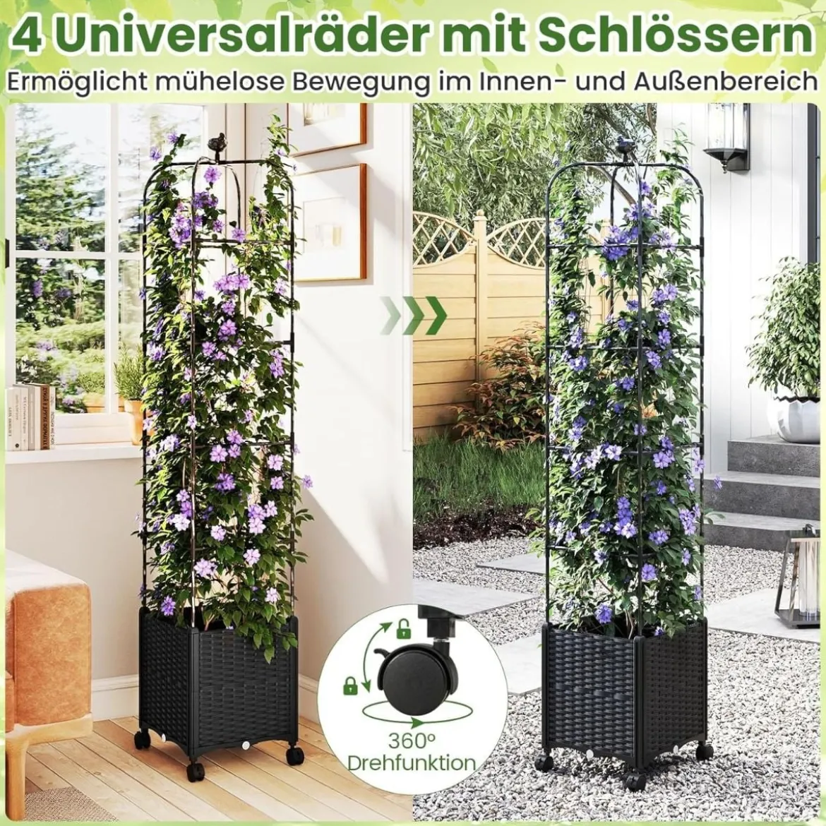 Rankhilfe mit Blumenkasten auf Rollen Garten Obelisk Höhenverstellbarer Rankgitter