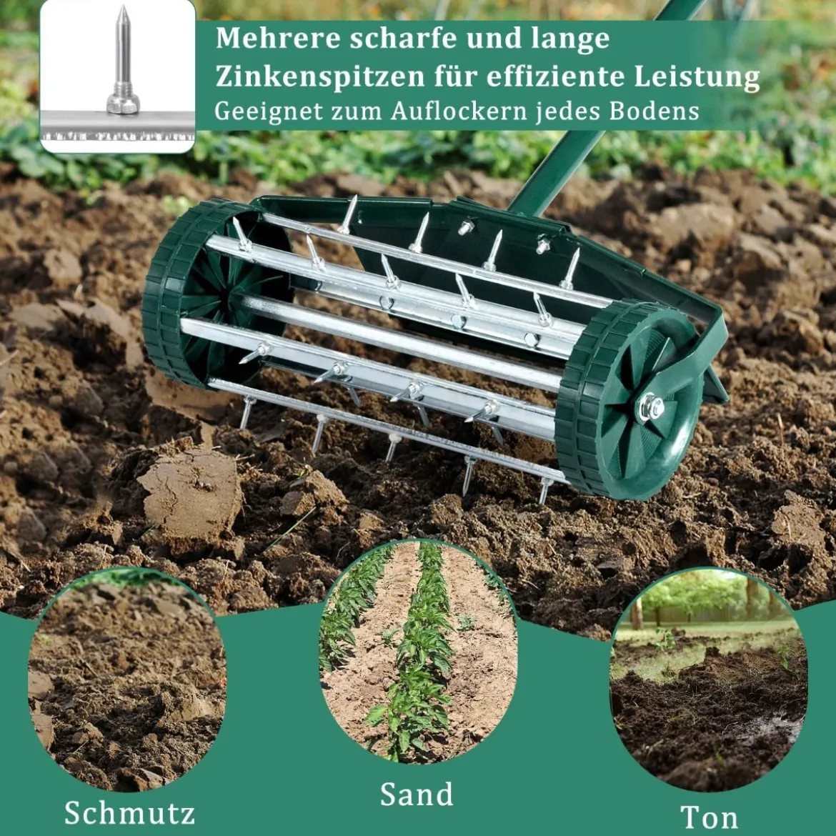 Rasenlüfter Walze Rasenrolle mit Stiel & 3cm Nägeln & Spritzschutz 46 x 23 x 127 cm Dunkelgrün und Silber