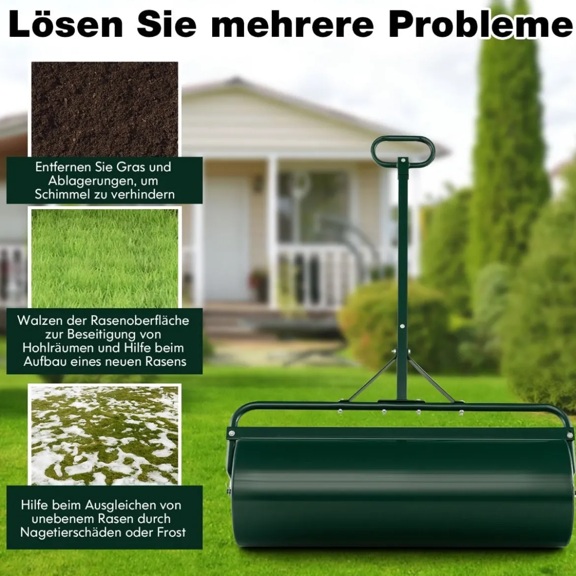 Rasenwalze aus Metall Graswalze zum Schieben oder Ziehen 99 x 30 x 137 cm Grün