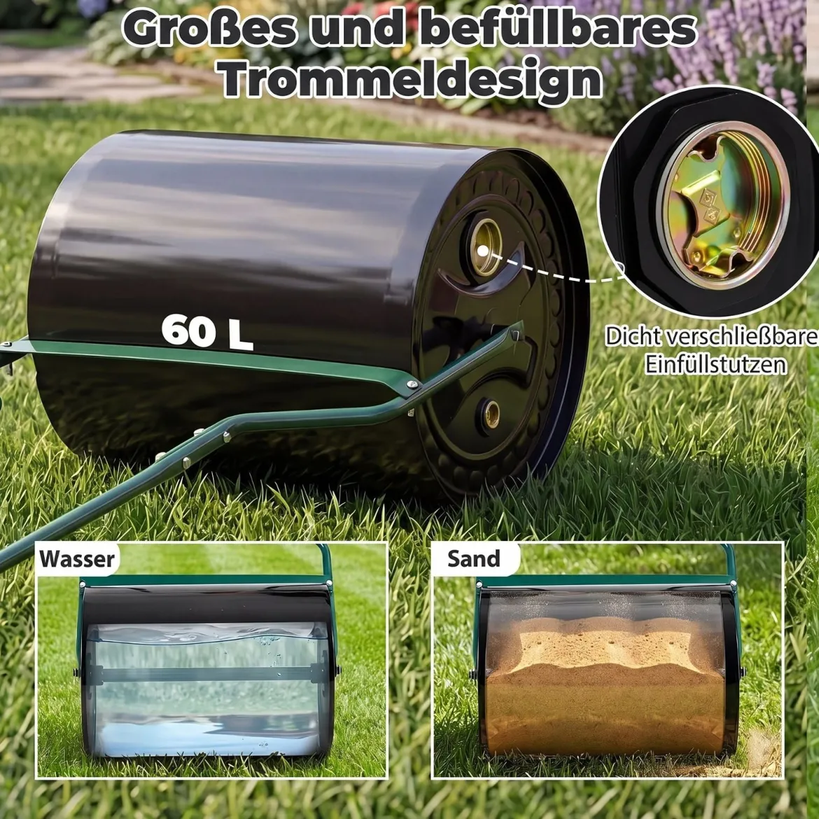 Rasenwalze aus Metall mit 60 L Füllvolumen & 50 cm Rollbreite Gartenwalze mit U-Griff 50 x 40 x 112 cm