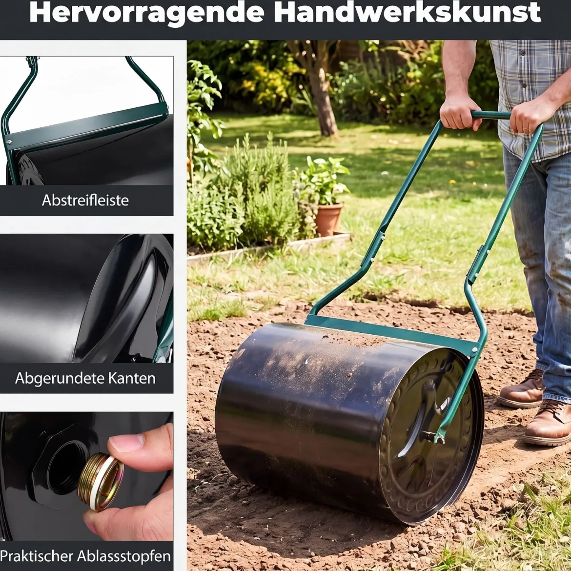 Rasenwalze aus Metall mit 60 L Füllvolumen & 50 cm Rollbreite Gartenwalze mit U-Griff 50 x 40 x 112 cm