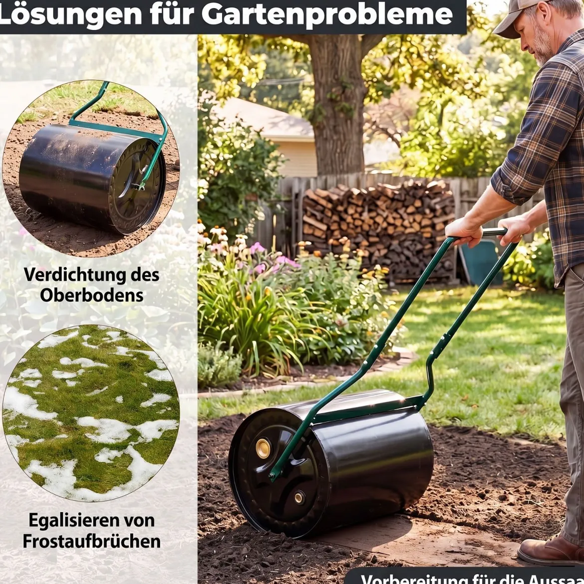 Rasenwalze aus Metall mit 60 L Füllvolumen & 50 cm Rollbreite Gartenwalze mit U-Griff 50 x 40 x 112 cm