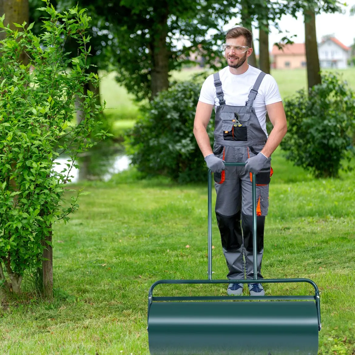 Rasenwalze 90cm Handwalze 63L Gartenwalze mit Schwerlasttrommel Rasenroller Grün