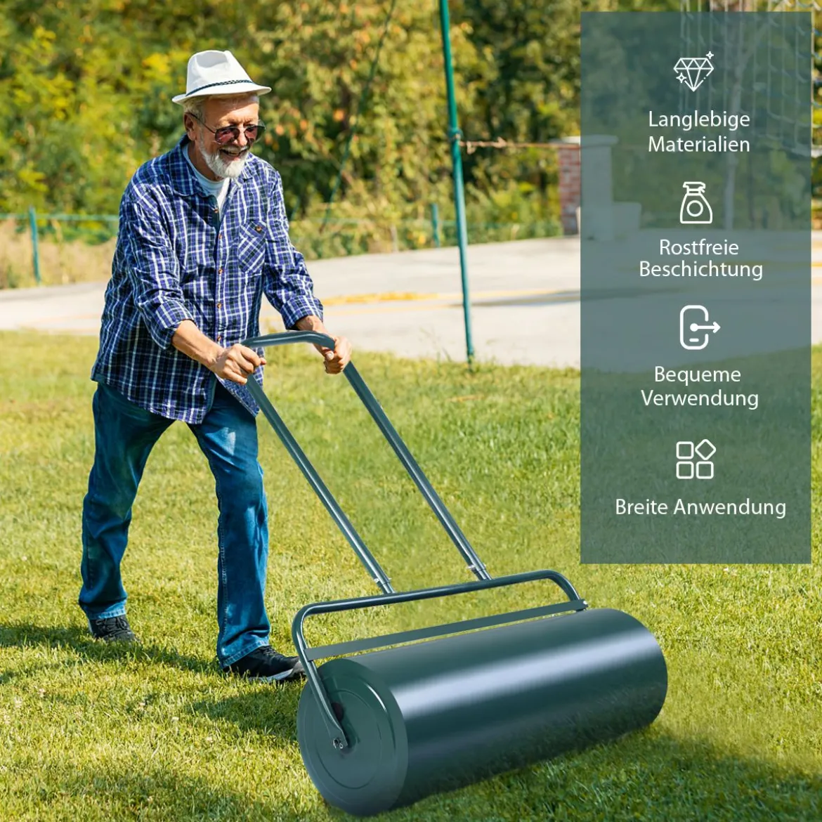 Rasenwalze 90cm Handwalze 63L Gartenwalze mit Schwerlasttrommel Rasenroller Grün