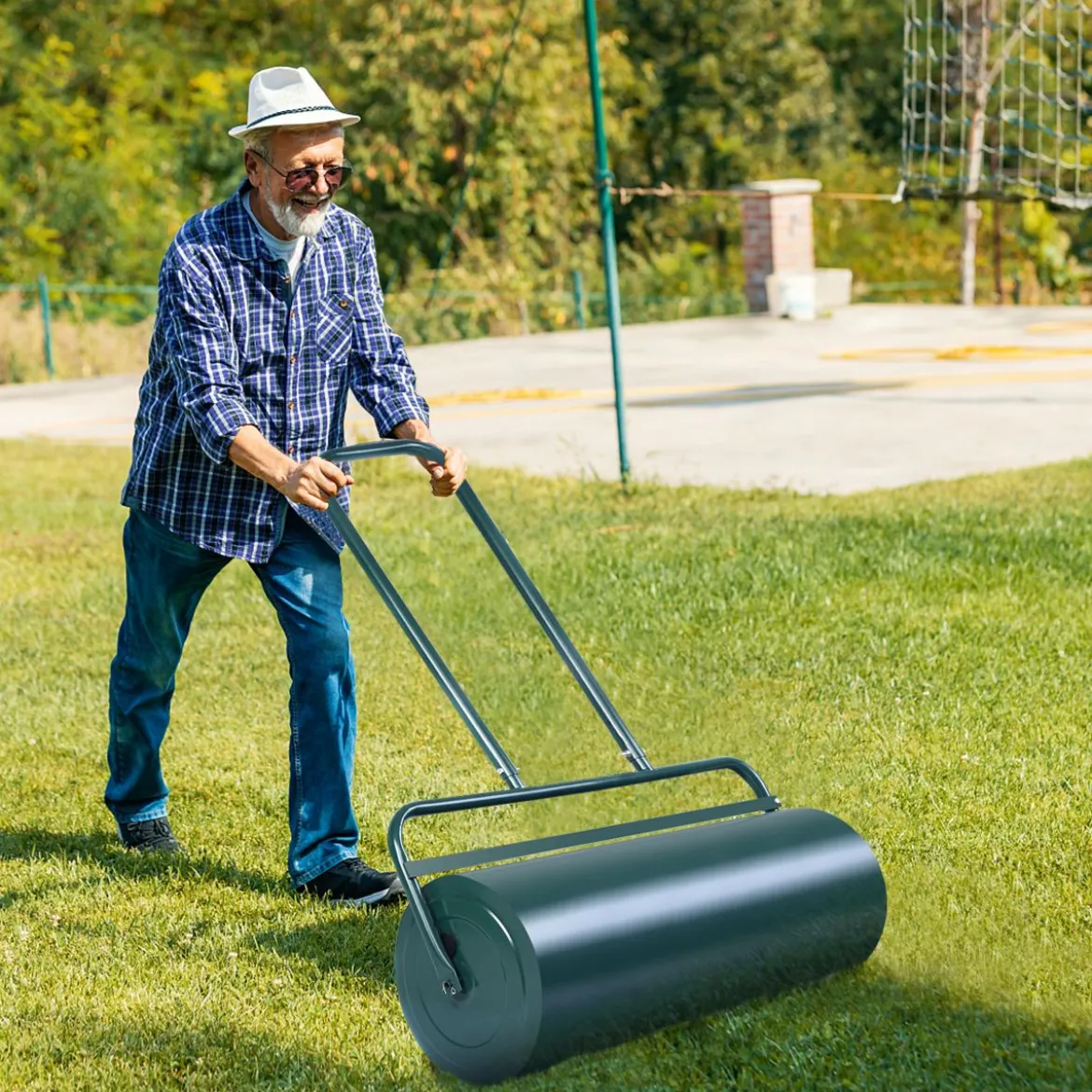 Rasenwalze 90cm Handwalze 63L Gartenwalze mit Schwerlasttrommel Rasenroller Grün