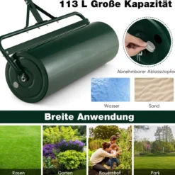 Rasenwalze Metall 113 L Handwalze mit Griff Gartenwalze Ø 40CM befüllbar mit Wasser/Sand Schwarz/Grün