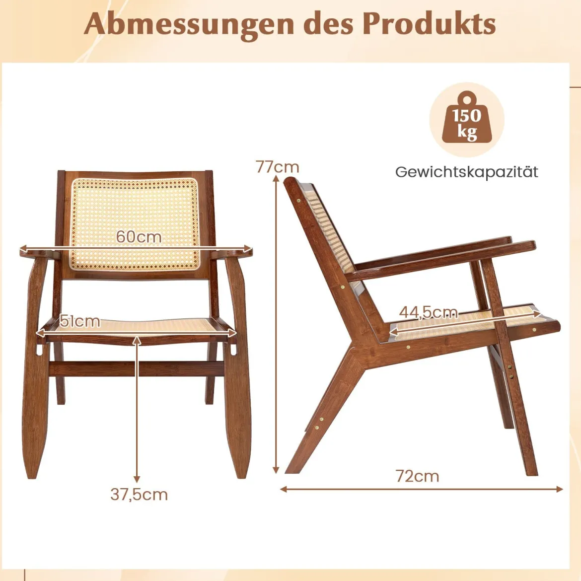 Rattan Akzentstuhl mit Ergonomischer Rückenlehne & Armlehne Bambus Esszimmerstuhl