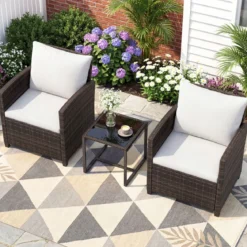 Rattan Balkonset inkl. 2 Stühle mit Kissen & Tisch aus Glas Outdoor Sitzgruppe Balkonmöbel Braun-Beige