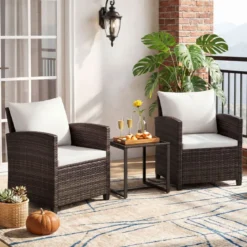 Rattan Balkonset inkl. 2 Stühle mit Kissen & Tisch aus Glas Outdoor Sitzgruppe Balkonmöbel Braun-Beige