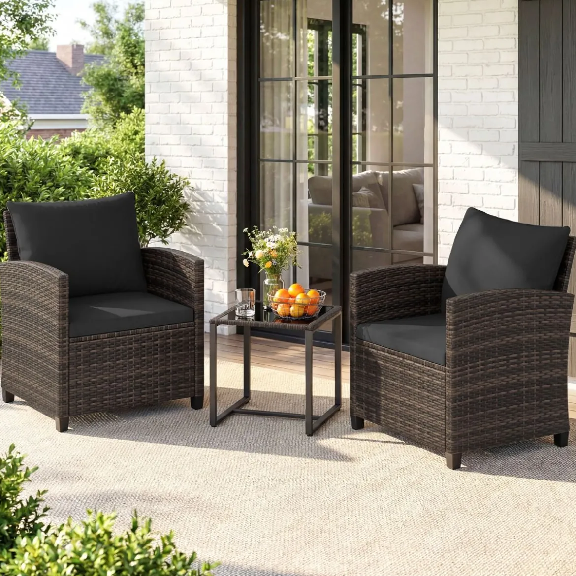 Rattan Balkonset inkl. 2 Stühle mit Kissen & Tisch aus Glas Outdoor Sitzgruppe Balkonmöbel Braun-Schwarz