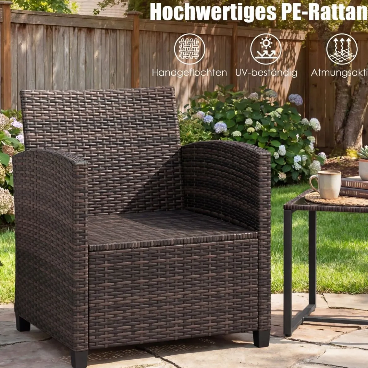 Rattan Balkonset inkl. 2 Stühle mit Kissen & Tisch aus Glas Outdoor Sitzgruppe Balkonmöbel Braun-Schwarz