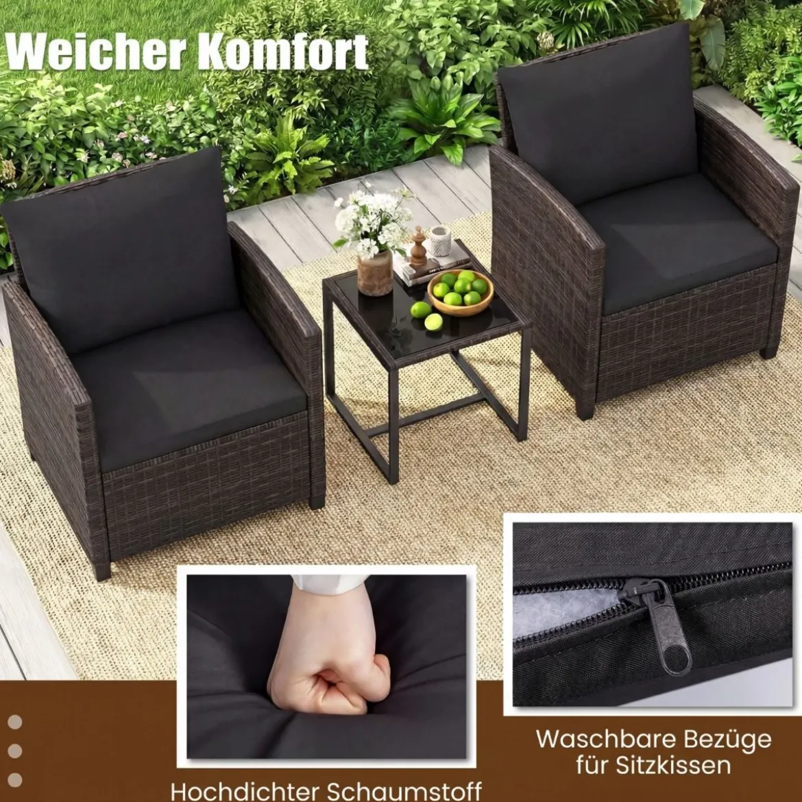 Rattan Balkonset inkl. 2 Stühle mit Kissen & Tisch aus Glas Outdoor Sitzgruppe Balkonmöbel Braun-Schwarz