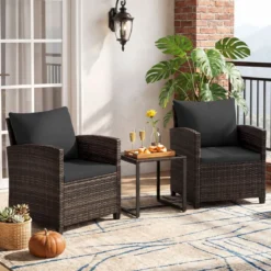 Rattan Balkonset inkl. 2 Stühle mit Kissen & Tisch aus Glas Outdoor Sitzgruppe Balkonmöbel Braun-Schwarz