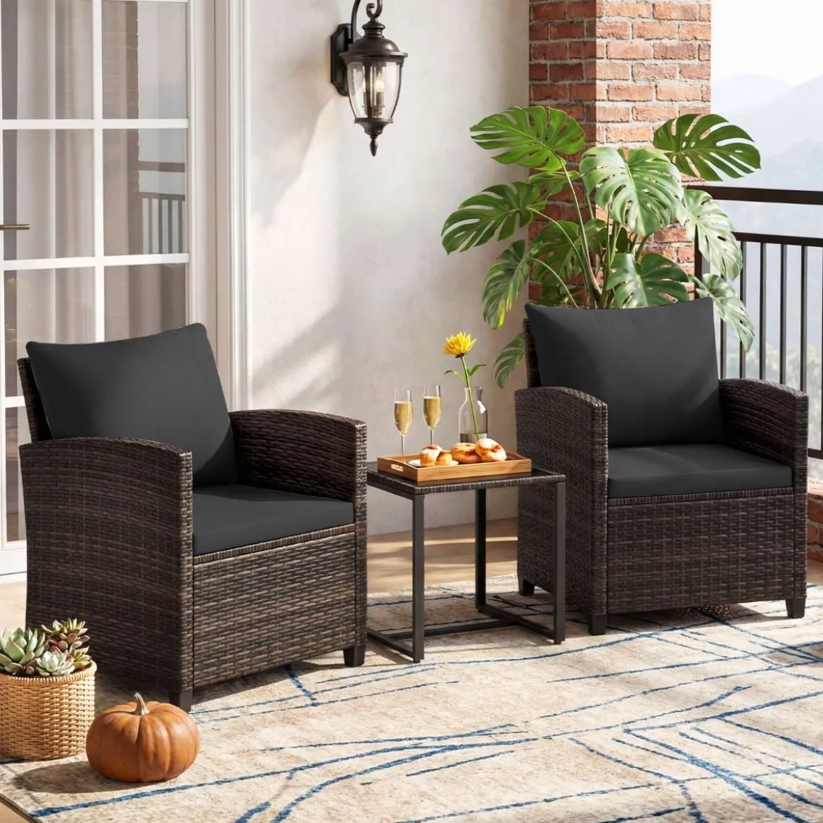 Rattan Balkonset inkl. 2 Stühle mit Kissen & Tisch aus Glas Outdoor Sitzgruppe Balkonmöbel Braun-Schwarz