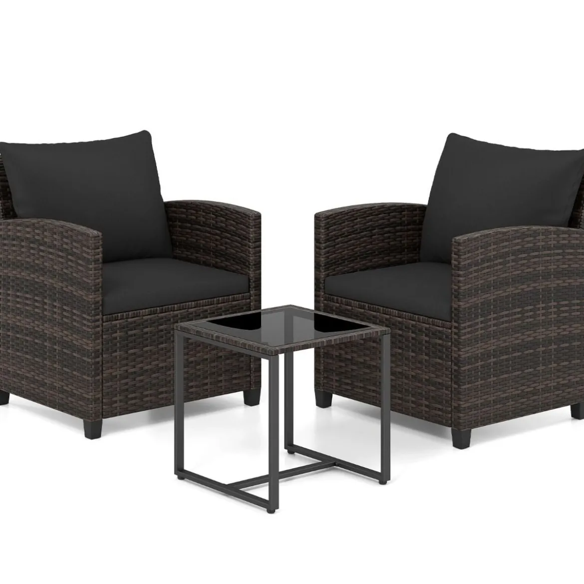 Rattan Balkonset inkl. 2 Stühle mit Kissen & Tisch aus Glas Outdoor Sitzgruppe Balkonmöbel Braun-Schwarz