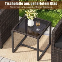 Rattan Balkonset inkl. 2 Stühle mit Kissen & Tisch aus Glas Outdoor Sitzgruppe Balkonmöbel Braun-Schwarz