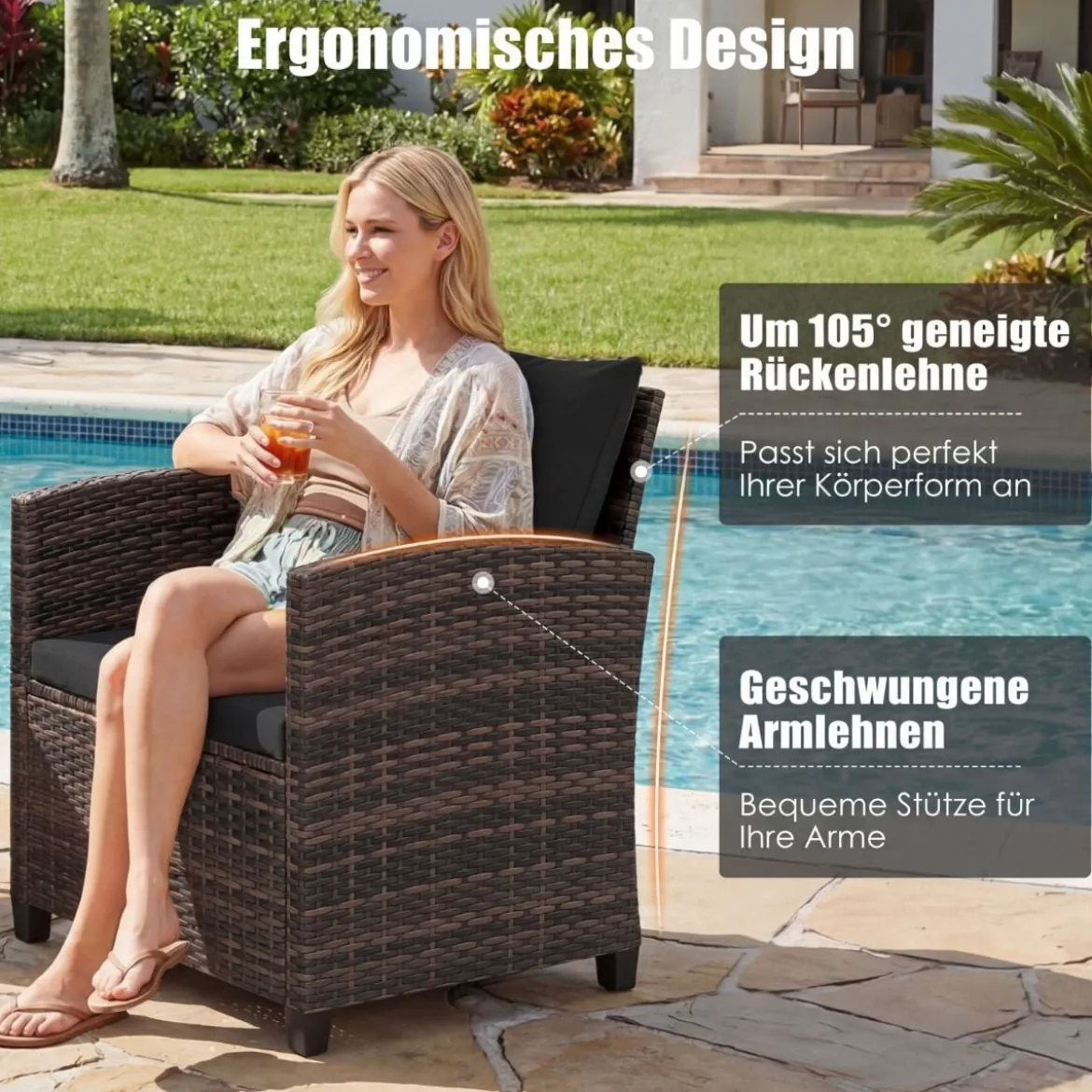 Rattan Balkonset inkl. 2 Stühle mit Kissen & Tisch aus Glas Outdoor Sitzgruppe Balkonmöbel Braun-Schwarz