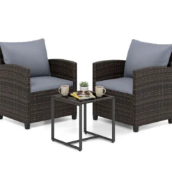 Rattan Balkonset inkl. 2 Stühle mit Kissen & Tisch aus Glas Outdoor Sitzgruppe Balkonmöbel Braun-Grau