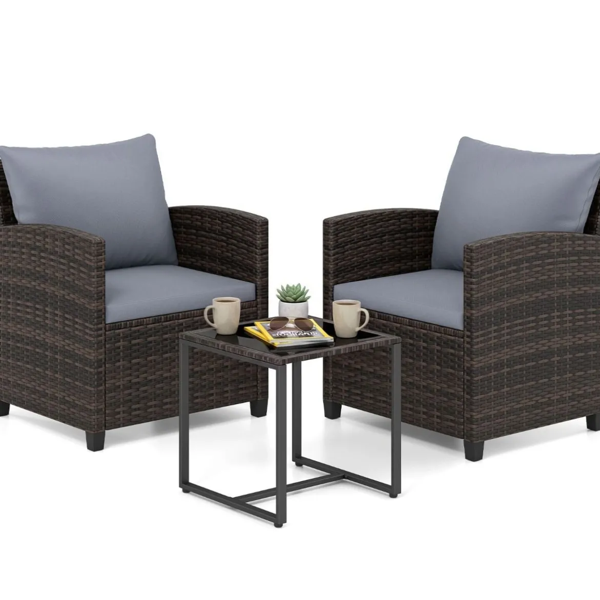 Rattan Balkonset inkl. 2 Stühle mit Kissen & Tisch aus Glas Outdoor Sitzgruppe Balkonmöbel Braun-Grau