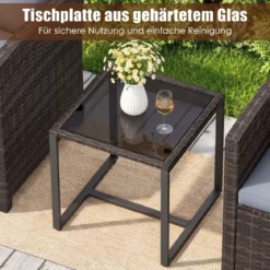 Rattan Balkonset inkl. 2 Stühle mit Kissen & Tisch aus Glas Outdoor Sitzgruppe Balkonmöbel Braun-Grau