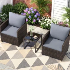 Rattan Balkonset inkl. 2 Stühle mit Kissen & Tisch aus Glas Outdoor Sitzgruppe Balkonmöbel Braun-Grau
