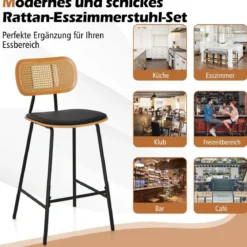 Rattan Barhocker-Set aus 2 Barhocker in Tresenhöhe mit Rattan-Rückenlehne Gepolsterte armlose Essstühle
