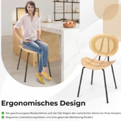 Rattan Esszimmerstuhl-Set 2er Set Boho Armlose Esszimmerstühle mit Metallbeinen atmungsaktiver Flechtcane-Rückenlehne