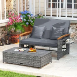 Rattan Gartenbank für Außenbereich 2-Sitzer Balkonmöbel und Ottomane mit Stauraum
