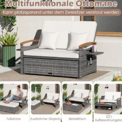 Rattan Gartenbank für Außenbereich 2-Sitzer Balkonmöbel und Ottomane mit Stauraum