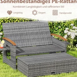 Rattan Gartenbank für Außenbereich 2-Sitzer Balkonmöbel und Ottomane mit Stauraum