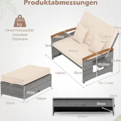 Rattan Gartenbank für Außenbereich 2-Sitzer Balkonmöbel und Ottomane mit Stauraum