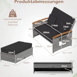 Rattan Gartenbank für Außenbereich 2-Sitzer Balkonmöbel und Ottomane mit Stauraum