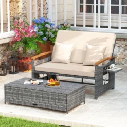 Rattan Gartenbank für Außenbereich 2-Sitzer Balkonmöbel und Ottomane mit Stauraum