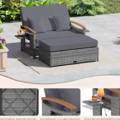 Rattan Gartenbank für Außenbereich 2-Sitzer Balkonmöbel und Ottomane mit Stauraum