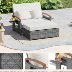 Rattan Gartenbank für Außenbereich 2-Sitzer Balkonmöbel und Ottomane mit Stauraum