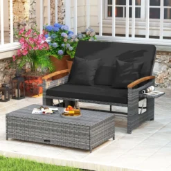 Rattan Gartenbank für Außenbereich 2-Sitzer Balkonmöbel und Ottomane mit Stauraum