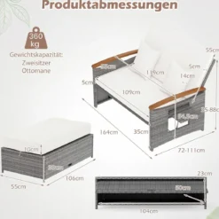 Rattan Gartenbank für Außenbereich 2-Sitzer Balkonmöbel und Ottomane mit Stauraum