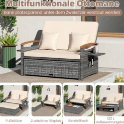 Rattan Gartenbank für Außenbereich 2-Sitzer Balkonmöbel und Ottomane mit Stauraum