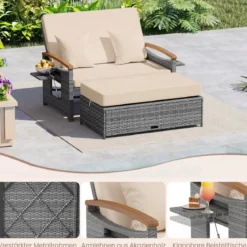 Rattan Gartenbank für Außenbereich 2-Sitzer Balkonmöbel und Ottomane mit Stauraum