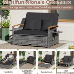 Rattan Gartenbank für Außenbereich 2-Sitzer Balkonmöbel und Ottomane mit Stauraum