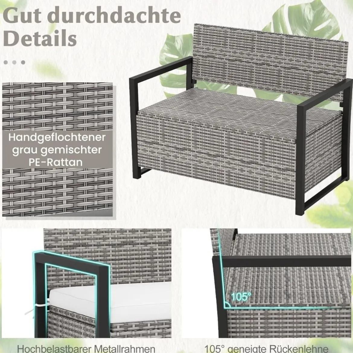 Rattan Gartenbank mit Stauraum Wetterfeste Balkontank mit Sitzkissen bis 360 kg Belastbar