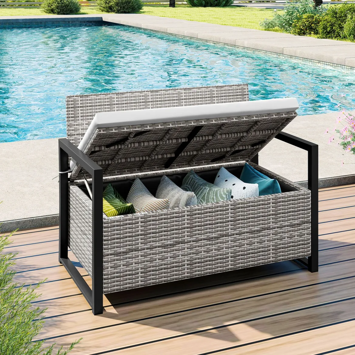 Rattan Gartenbank mit Stauraum Wetterfeste Balkontank mit Sitzkissen bis 360 kg Belastbar