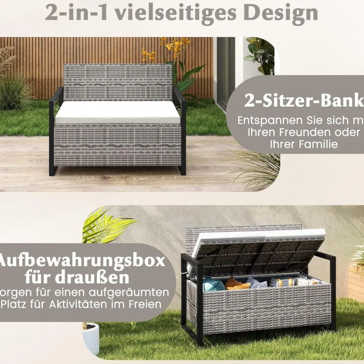 Rattan Gartenbank mit Stauraum Wetterfeste Balkontank mit Sitzkissen bis 360 kg Belastbar