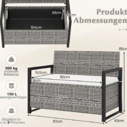 Rattan Gartenbank mit Stauraum Wetterfeste Balkontank mit Sitzkissen bis 360 kg Belastbar