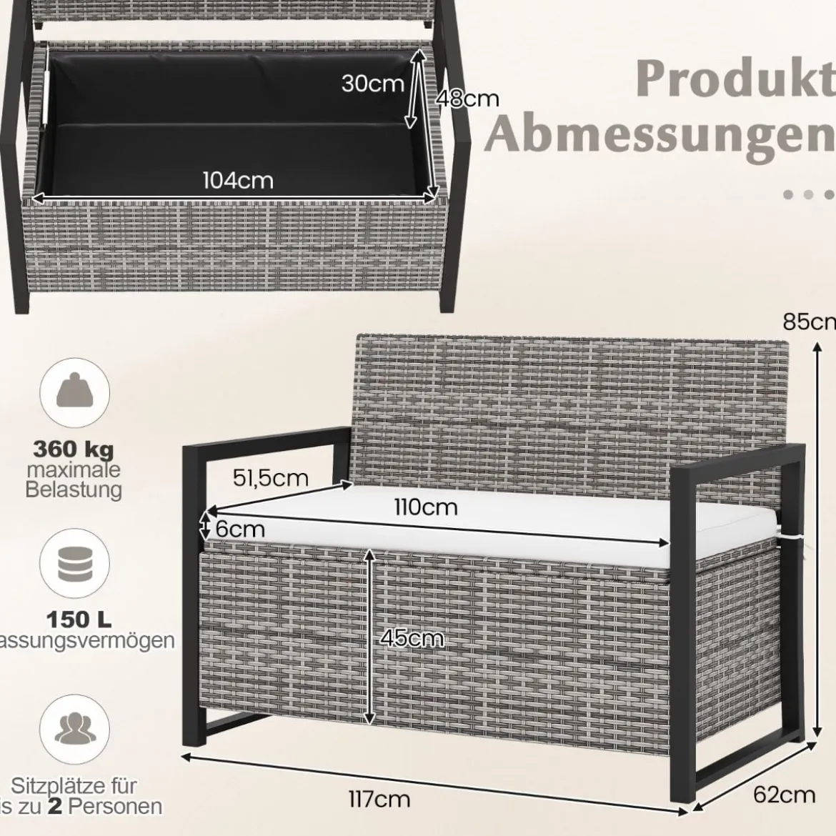 Rattan Gartenbank mit Stauraum Wetterfeste Balkontank mit Sitzkissen bis 360 kg Belastbar