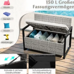 Rattan Gartenbank mit Stauraum Wetterfeste Balkontank mit Sitzkissen bis 360 kg Belastbar