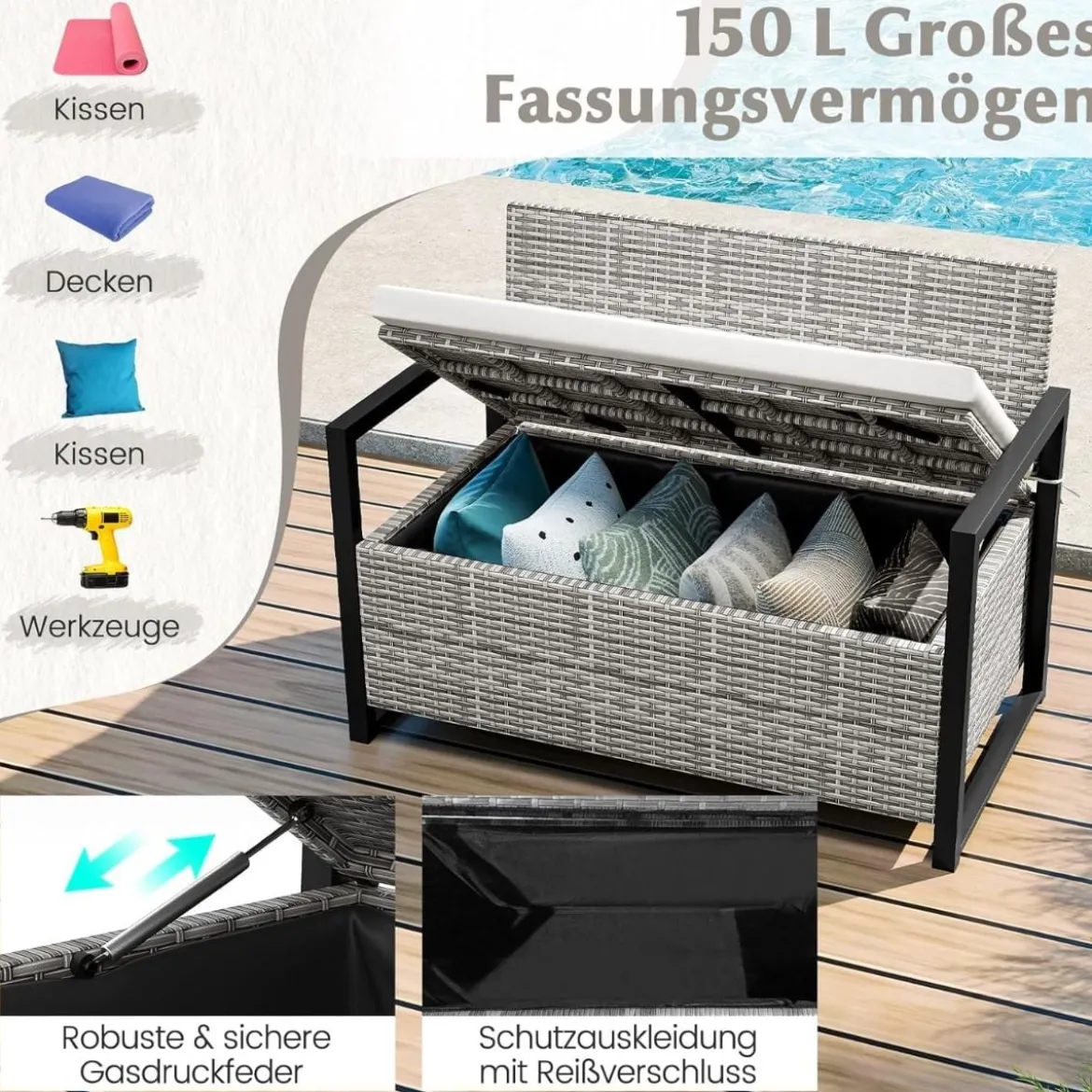 Rattan Gartenbank mit Stauraum Wetterfeste Balkontank mit Sitzkissen bis 360 kg Belastbar