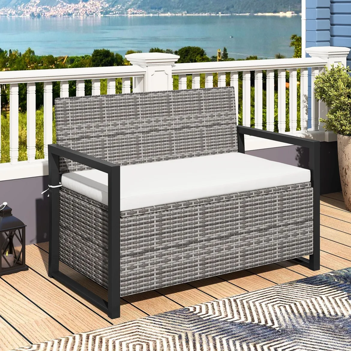 Rattan Gartenbank mit Stauraum Wetterfeste Balkontank mit Sitzkissen bis 360 kg Belastbar